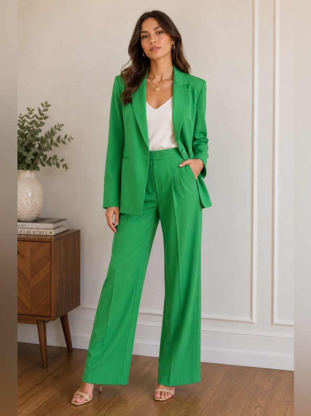 Spring + Mercer NWT Emerald Green Blazer & Wide Leg Trouser Suit Set